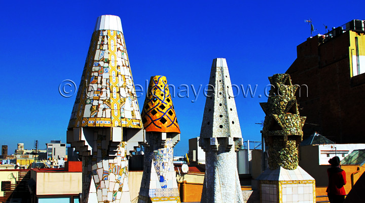 Roof of Palau Guell building by Antoni Gaudi on street Nou de la Rambla