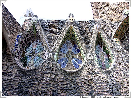 Tear drop form stained glass window of crypt at Colonia Guell