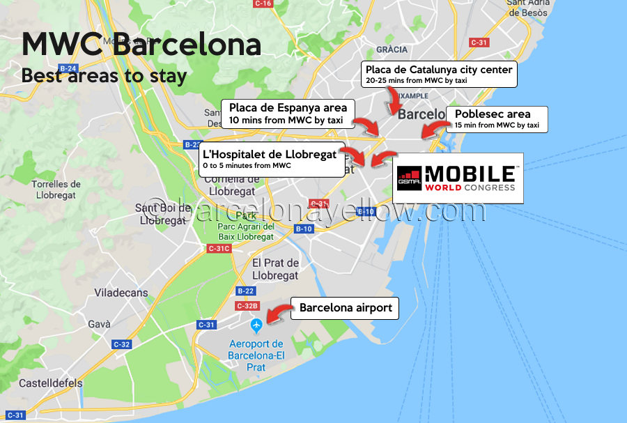 Map best areas and hotels near MWC Fira Gran Via Map hotels MWC Barcelona - Mobile World Congress